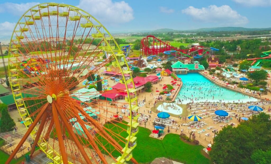 An aerial view of Kentucky Kingdom amusement park