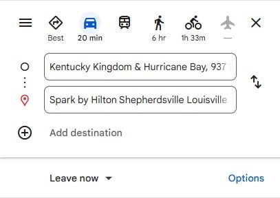 20mins distance between Sparks by Hilton and Kentucky Kingdom Amusement Park