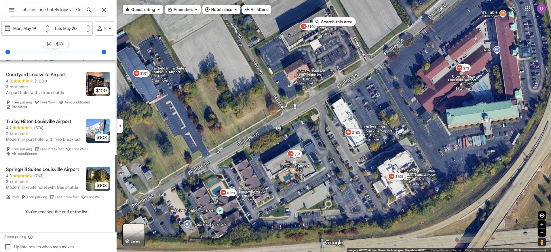 An aerial view of Phillips lane in Louisville Kentucky on Google Map