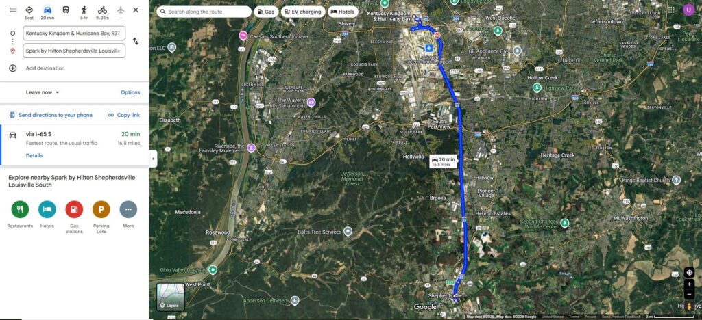 Map view of distance between Sparks by Hilton and Kentucky Kingdom Amusement Park