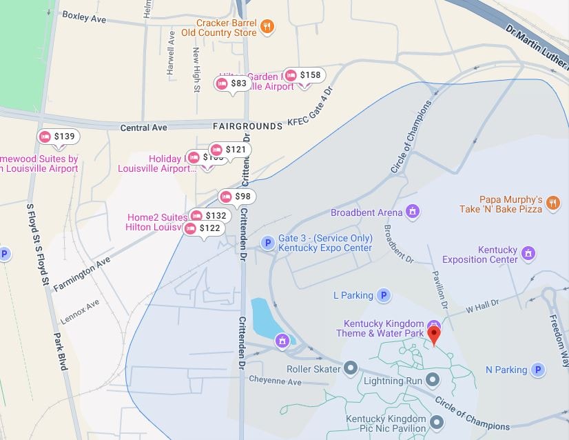 Map image of standard room prices on hotels near Kingdom Amusement Park