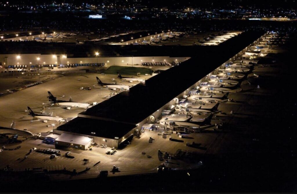 An aerial view of of Louisville International Airport at night
