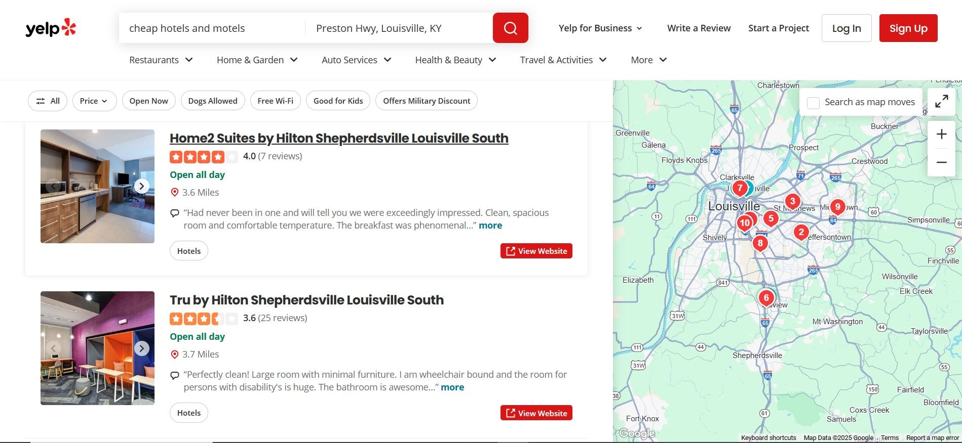 Yelp Reviews of Cheap Hotels in Louisville