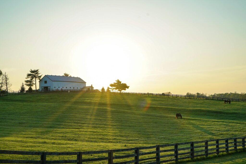 Image of an open grazing field and a ranch house near the best hotel in Kentucky