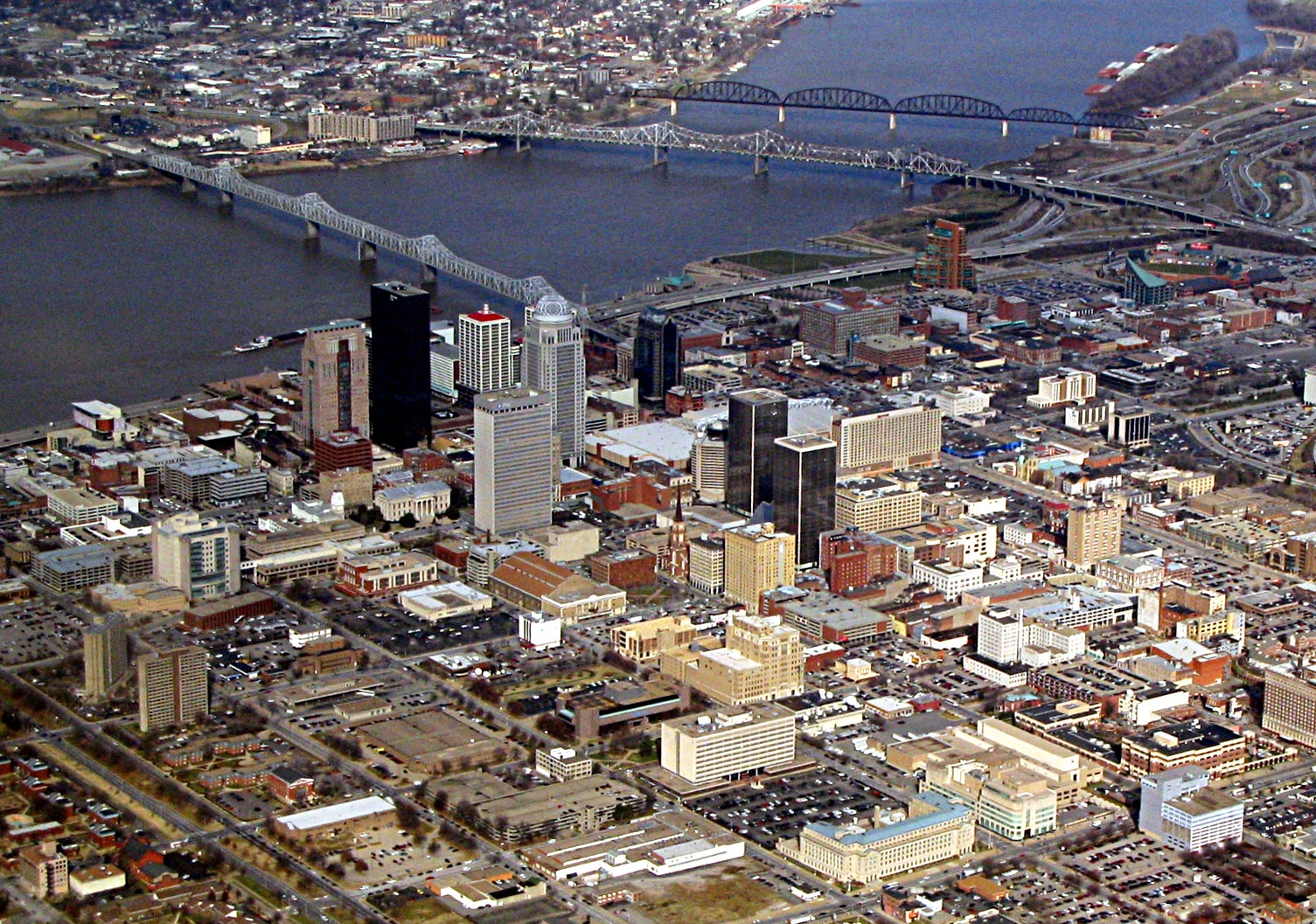 Aerial Image of Downtown Louisville, Kentucky where cheap hotels abound in louisville, ky