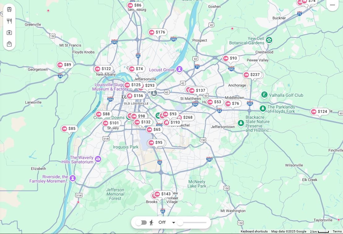 A Quick Google search showing cheap hotels near Kentucky Expo Center
