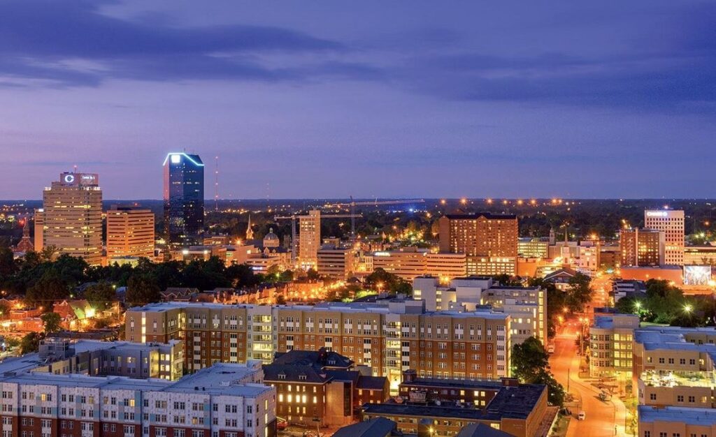 Aerial Shot of Downtown Lexington with surrounding hotels quite close to keeneland race track