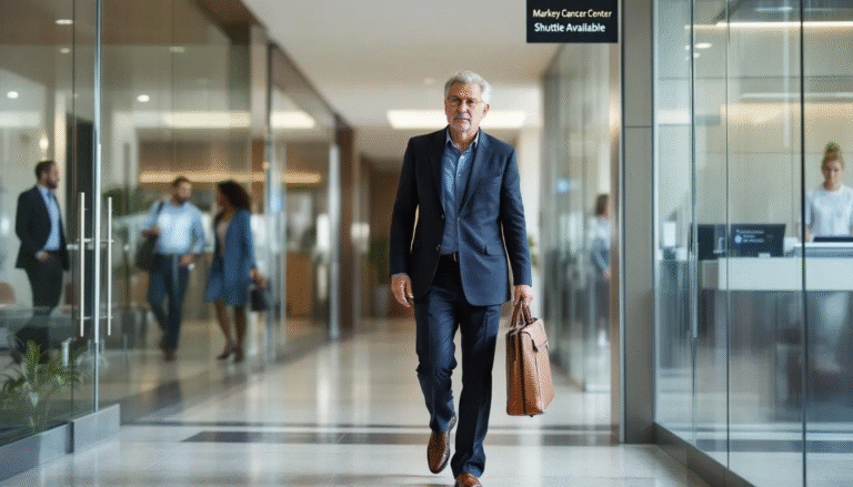 A man is checking into a hotel near the Markey Cancer Center in Lexington, KY, likely to support a family member undergoing cancer treatment. The hotel offers convenient lodging options for cancer patients and their caregivers, ensuring comfort and peace during their stay in downtown Lexington.