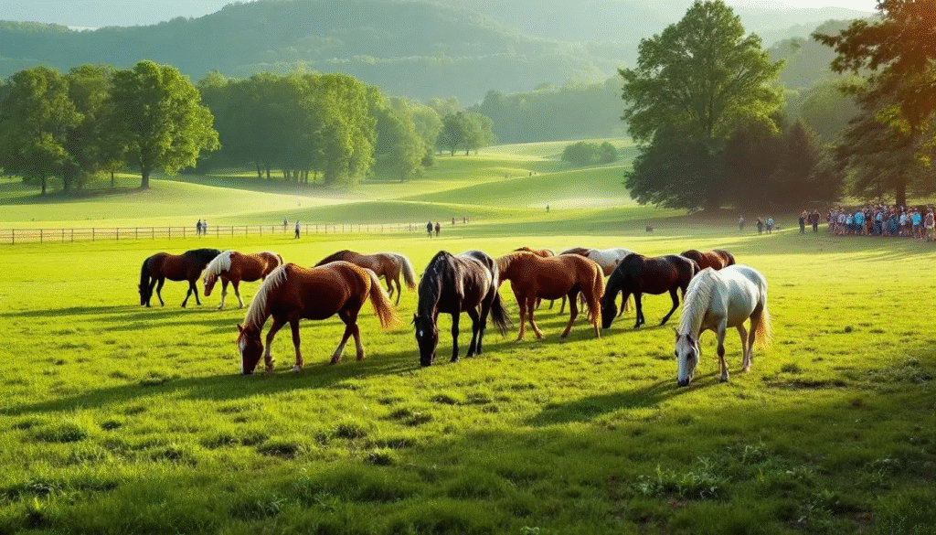 A serene scene captures a group of horses grazing in a lush green field in Lexington, Kentucky, with spectators admiring the natural beauty surrounding them. This picturesque view reflects the charm of the nearby Keeneland Race Course, a popular destination for horse racing enthusiasts.